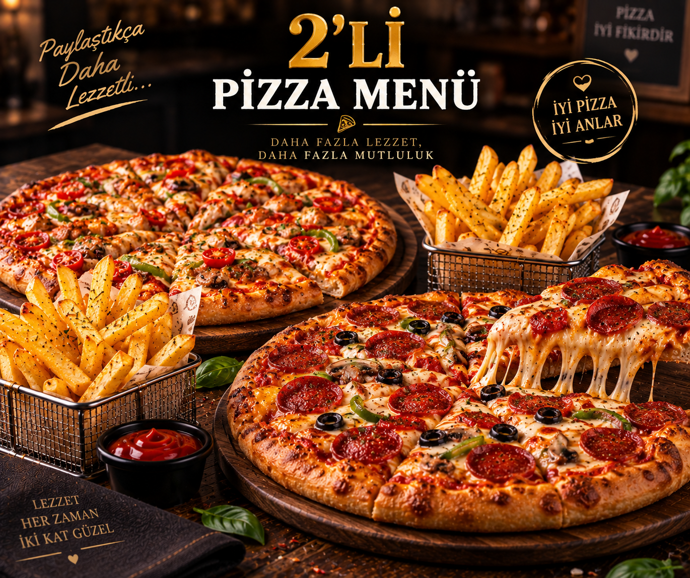 2 Li Pizza Menü + Patates