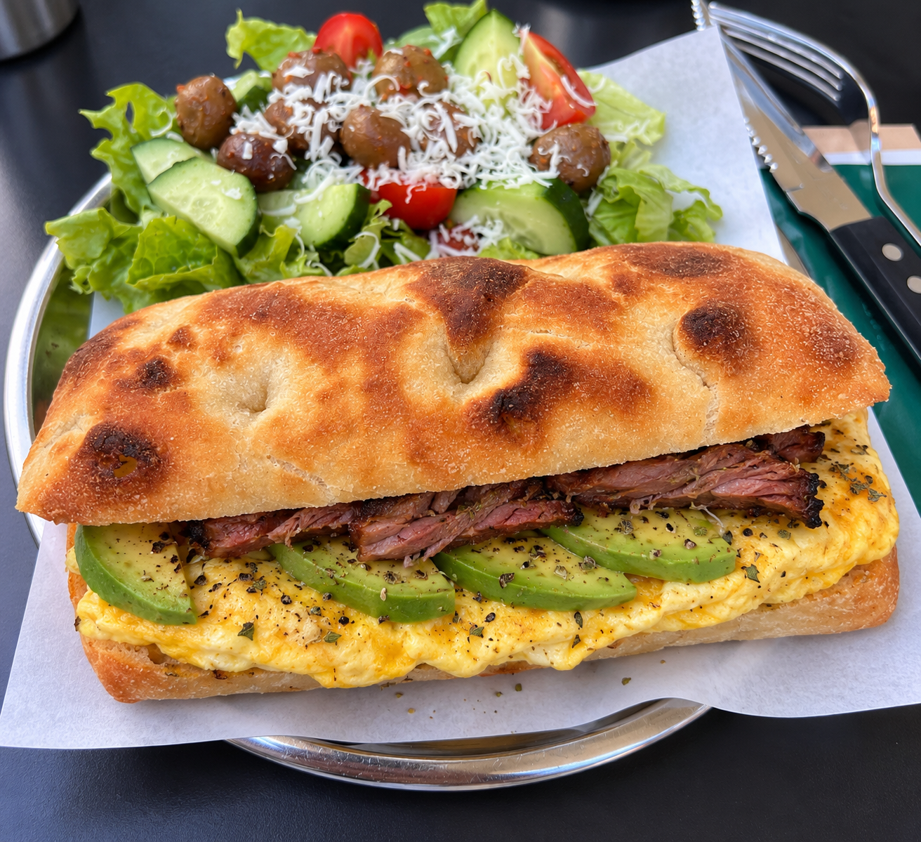 Egg, avocado and smoked beef sandwich