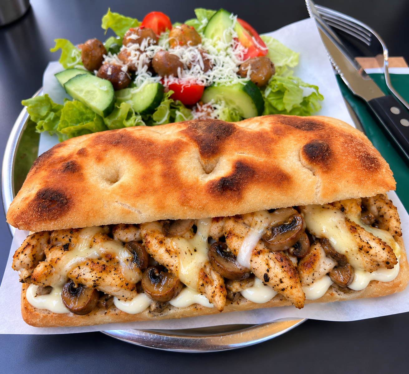 Chicken, mushroom and cheese sandwich